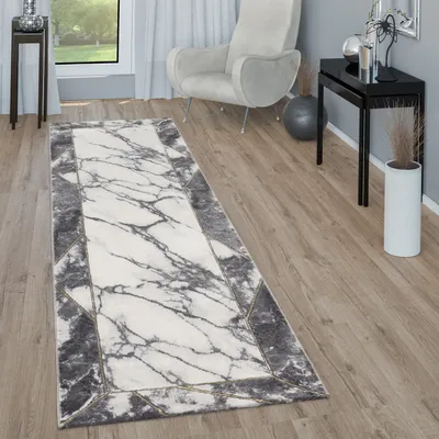 Immagine prodotto di Tappeto soggiorno a pelo corto con bordo marmorizzato e motivo geometrico grigio e oro, dimensioni 80x150 cm