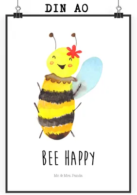 Produktbild von Mr. & Mrs. Panda Bild Biene Happy DIN A0 - Weiß - Geschenk, Wandbild, Plakat, wanddeko, Kunstdruck, drucke
