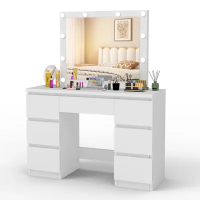 Produktbild von Schminktisch - Frisiertisch - LED-Spiegel, 7 Schubladen, 110x40x140 cm, Modernes Design, Ohne Hocker - Weiß