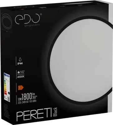 The image shows the packaging of a black LED ceiling light.