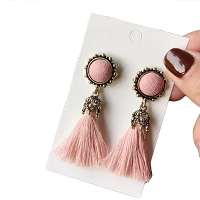 Produktbild von Vintage Damen Ohrstecker mit Quaste und Fransen, rund, Statement-Schmuck-Rosa