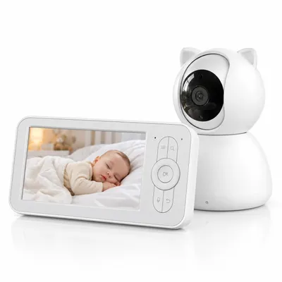 Productafbeelding van Babyfoon met camera, 5 inch scherm, zonder Wi-Fi, 355° panoramafunctie, 2x digitale zoom, VOX-functie, nachtzicht, intercomfunctie, 8 slaapliedjes, wit