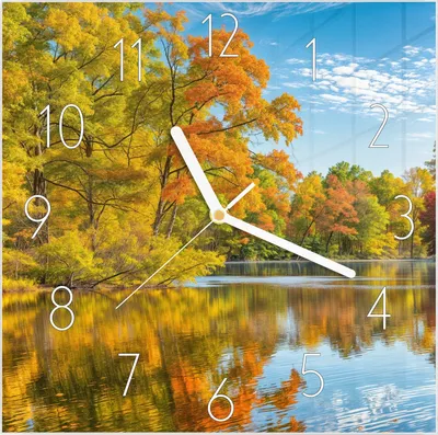 Produktbild von Wanduhr aus Glas mit Motiv Herbstlicher See- 30 x 30 cm - inkl. Aufhängesystem
