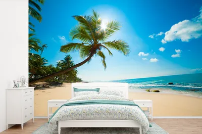 Produktbild von MuchoWow® Fototapete für Wohnzimmer oder Schlafzimmer Wandtapete Vinyl Motivtapete Strand - Meer - Sonne - Palme - 525x350 cm - Das Hintergrundbild