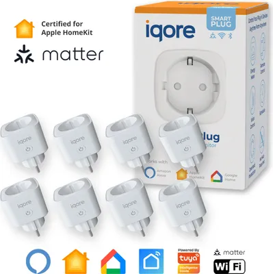 Produktbild von iqore - 8x Intelligente WLAN Steckdose für Apple Homekit / Matter mit Strommessung, Sprachsteuerung, Timer, SmartLife App, Smart Plug, Alexa & Google