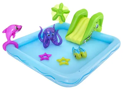 Produktbild von Zimilo Fantastic Aquarium Play Center 239x206x86 cm, Kinder Planschbecken mit Rutsche, Sprühpalme, Delfin, Fischen & Oktopus, ab 2 Jahren