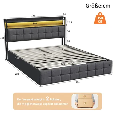 Obrázok produktu pre Čalúnená posteľ – dvojposteľ s úložným priestorom – 140 x 200 cm – LED osvetlenie a USB – čelo postele – drevený rám – ľan
