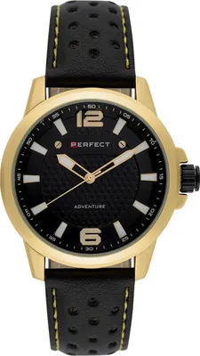 Produktbild von Klassische Herrenuhr 44 mm Quarzwerk goldfarbenes Edelstahlgehäuse schwarzes Lederarmband wasserdicht 30m