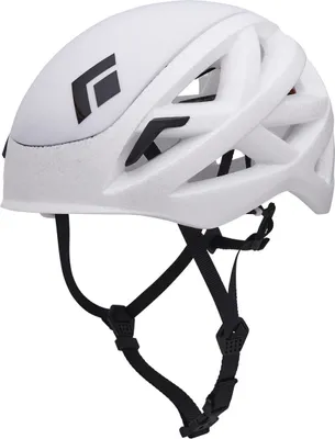 A white climbing helmet with black straps and a black logo.