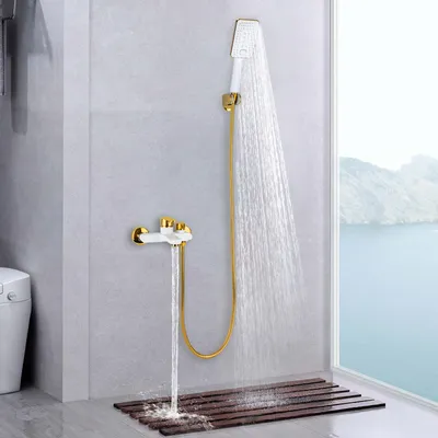 Produktbild von Duschset Badewannenarmatur mit Handbrause Wasserhahn Brausegarnitur Weiß, Gold