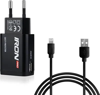 Produktbild von Ladeset Ladegerät USB Netzteil 2A + 1 Meter Lightning Ladekabel Schwarz Iron Pro Qualität für iPhone 5, 5S. SE, 6. 6S, Plus, 7. 8 Plus, X, XR, XS Max, 11 Pro Max, 12 Mini, 12 Pro Max, 13 Mini, Pro Max