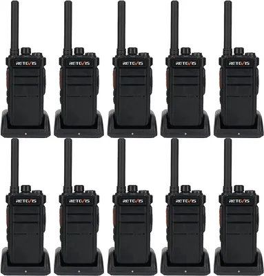 A group of ten black walkie-talkies are arranged in two rows on a white background.