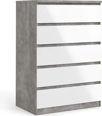 Produktbild von Nada Kommode hoch mit 5 Schubladen, beton Nachbildung,weiss hochglanz.