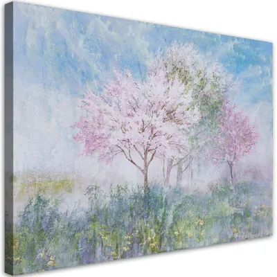 Produktbild von Leinwandbild blühender baum auf der wiese 90x60 cm Feeby blau wandbild bereit zum aufhängen