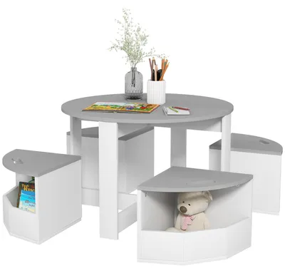 Immagine prodotto di AIYAPLAY Set con Tavolo per Bambini e 4 Sgabelli Salvaspazio con Vano Contenitore in Legno, Grigio