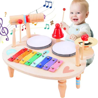 Image de Batterie pour enfants - Table musicale avec xylophone - Développement musical - 10 instruments en 1 - 26,5 x 7 x 35 cm - Bois naturel