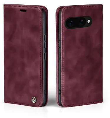 A burgundy flip case for a Google Pixel 9a phone, shown from the front and back.