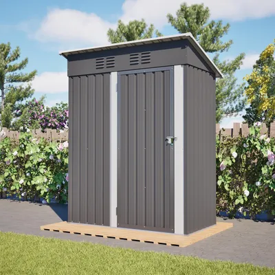 Immagine prodotto di Casina da giardino, dimensioni 140,6 × 83,6 × 182 cm, capanno in metallo con porta chiudibile a chiave, 1,27 m² di spazio di stoccaggio, tetto piano, colore grigio scuro
