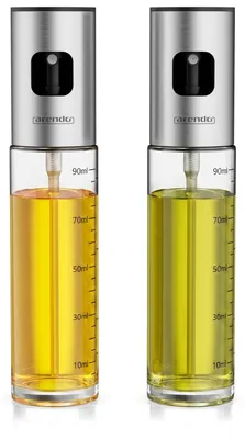 Zdjęcie produktu dla Zestaw 2 rozpylaczy do oleju Arendo, dozowniki do oliwy z oliwek, szklane, z podziałką 90 ml, z silikonową szczotką, szczotką do czyszczenia i lejkiem, do frytkownicy na gorące powietrze, pieczenia, gotowania, smażenia, sałatek, grillowania, bez BPA