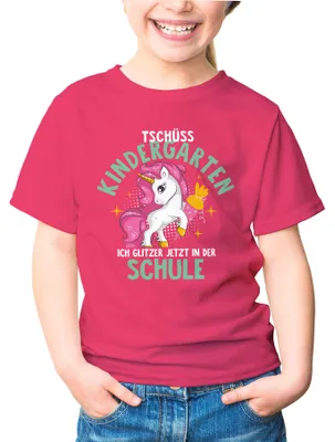 Produktbild von Kinder T-Shirt Mädchen Schulkind Tschüss Kindergarten ich glitzer jetzt in der Schule Einhorn Geschenk zur Einschulung Moonworks® pink 122-128 (7-8 Jahre)