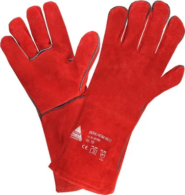 A pair of red welding gloves shown against a white background.