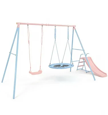 Produktbild von Schaukelgestell mit Kinderschaukel & Rutsche & Nestschaukel, 330x136x180 cm bis 50kg, Geschenke zum Kindertag 3–12 Jahre