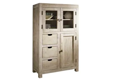 Produktbild von MASSIVMOEBEL24.DE Vitrine Akazie 90x45x148 white stone getüncht NATURE WHITE #62