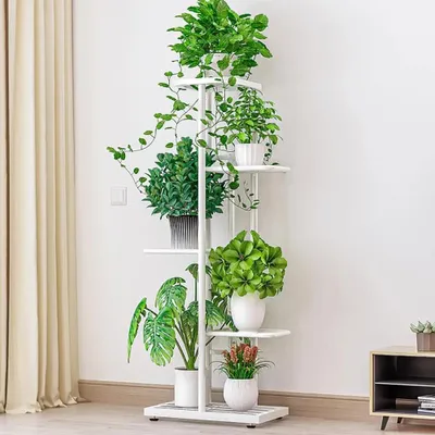Image de Étagère à fleurs pour intérieur et extérieur - Étagère métallique carrée - Cinq niveaux échelonnés - Gain de place - Idéale pour la décoration de balcon, de jardin, de salon - Blanche