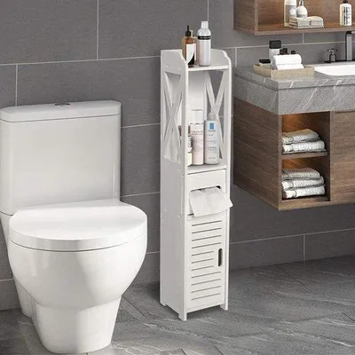 Immagine prodotto di Mobile da bagno in legno con ante scorrevoli, multifunzionale, bianco, 80 x 155 x 15 cm