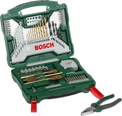 An open green toolbox containing various drill bits, sockets, and a pair of pliers.