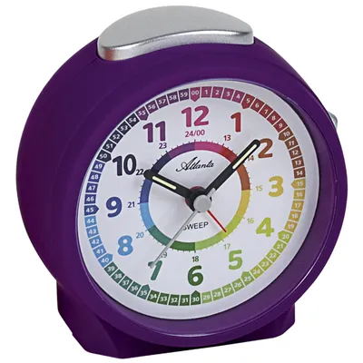 A close-up studio shot of a purple alarm clock with a colorful face.