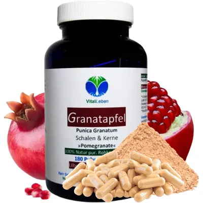 Produktbild von Granatapfel 180 Kapseln Antioxidans Ellagsäuren MultiVitamin MultiMineral SUPERFOOD für Durchblutung + Wechseljahre + Hitzewallungen NATUR Pur