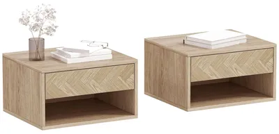 Produktbild von Set aus 2 schwebenden Nachttischen mit Schublade und Fach fš¹rs Schlafzimmer, 37 x 32 x 21 cm, Natur