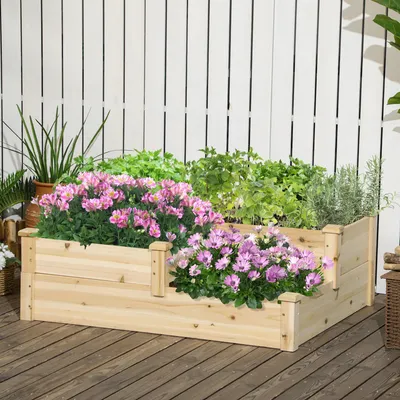 Produktbild von Hochbeet 3 Pflanzkästen 3-stufig, Kräuterbeet Gemüsebeet Blumenkasten Tannenholz massiv, offener Boden, Naturholz | 108x88x36 cm | 8 kg