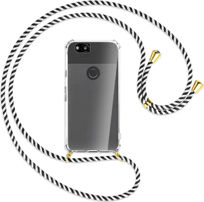 Produktbild von Handykette Backcover-Schutzhülle mit Band (Metall goldfarben) für Google Pixel 2 - schwarz/weiß gestreift