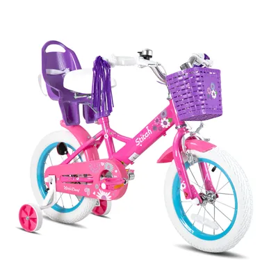 Produktbild von STITCH 14 Zoll Kinderfahrrad mit Stützrädern, Puppenfahrradsitz, Luftschlangen, Korb, Klingel, DIY-Aufklebern, Schutzblechen, für Mädchen,Lila
