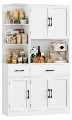 Produktbild von Küchenschrank, Buffetschrank in Weiß, Sideboard mit 5 Türen, Eckregal, Arbeitsplatten und 2 Schubladen, Vorratsschrank für Küche, Wohnzimmer, Esszimmer, 177 x 104 x 34 cm