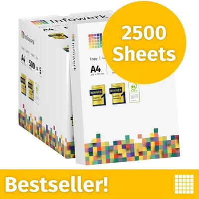 Zdjęcie produktu dla NOWOŚĆ: Infowerk Papier do drukarek i kopiarek, 2500 arkuszy, 5 x 500, A4, Premium, ekstra biały, CIE 160, Zwycięzca testów, Certyfikat PEFC