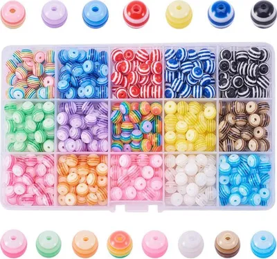 Produktbild von Perlen Set Box - Acrylperlen Resin gestreift 8mm Durchmesser, 450 Stück, 190 g, 18 x 11 x 3 cm