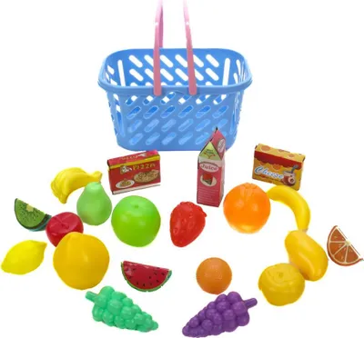 Produktbild von 22-teiliges Spielset, Kinder Einkaufskorb mit Obst und Lebensmittelkartons, Tragegriffe klappbar, Korb-Größe (HxTxB) ca. 22,5 x 17 x 24,3 cm