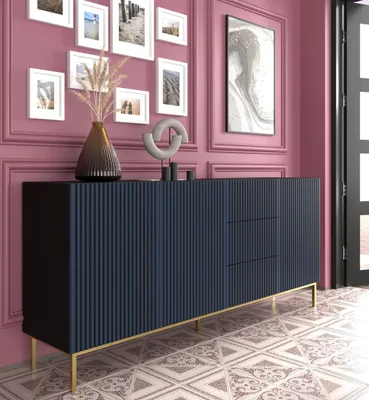 Obrázok produktu pre Komoda RAVENNA F 200 cm 3D3S rám BLACK MATT / DARK BLUE Príborník MDF 3 dvierka 3 zásuvky GRANÁT Vysoká skriňa otvorené police bufet s frézovanými čelami