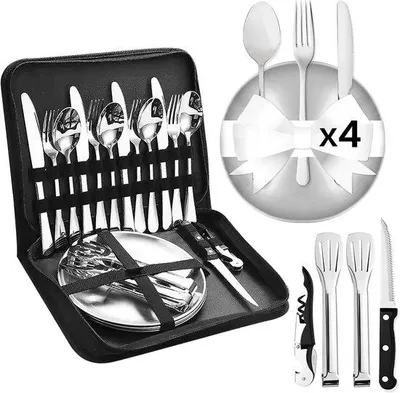 Produktbild von Camping-Besteckset für 4 Personen – komplett mit Tellern und Aufbewahrungstasche – ideal für Picknicks