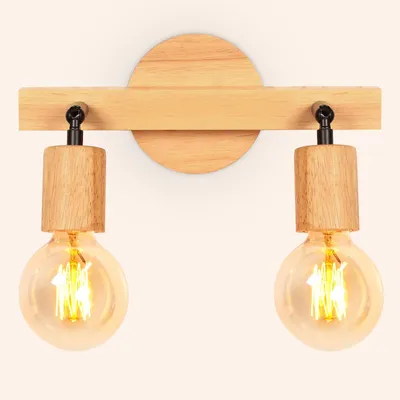 Holz-Wandleuchte E27, 2-flammig, schwenkbar, Vintage
