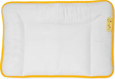 A flat baby pillow with a yellow border.