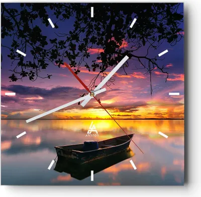 Produktbild von Wanduhr - Quadrat - Glasuhr - Boot Sonnenuntergang See Himmel - 30x30cm - Schleichendes Uhrwerk - Lautlos - zum Aufhängen bereit - Dekoration Modern - Wanddekoration aus Glas - C3AC30x30-2967