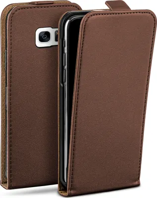 A brown leather flip case for a Samsung Galaxy S7 Edge phone, shown from the back with the phone partially inserted.