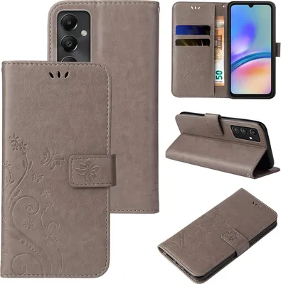 A collage of images showing a flip phone case from different angles, including its interior card slots and how it can be used as a stand.