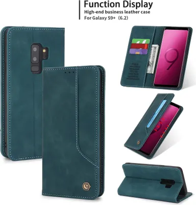 Image de Étui rétro en cuirPolyuréthanepour Samsung Galaxy S9 Plus étui design avec porte-cartes et support bleu