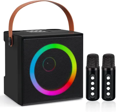 Obrázok produktu pre Karaoke zariadenie – Reproduktor – Zariadenie na zábavné večery spevu – S 2 mikrofónmi – 15,5 x 13,7 cm – Čierna farba