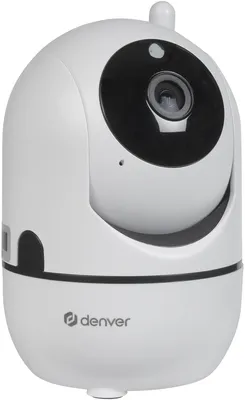 A white indoor WiFi camera with a black lens housing.
